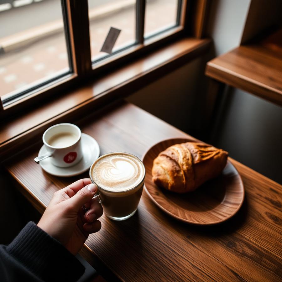 Mesa con latte y croissant junto a la ventana