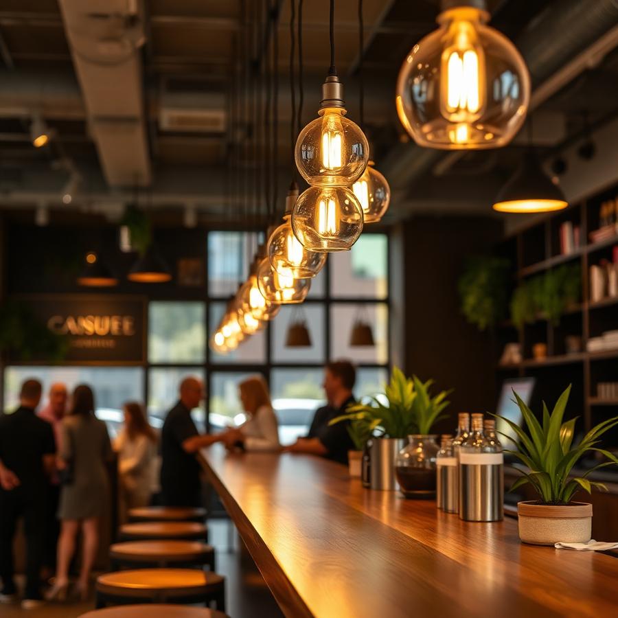 Interior cálido de Café Boreal con luces colgantes