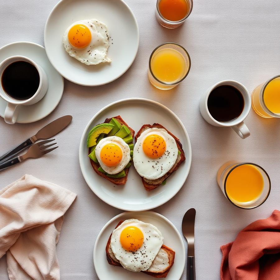 Brunch con tostadas, huevos y café
