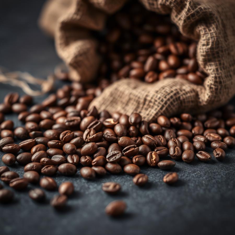Granos de café tostado sobre superficie oscura
